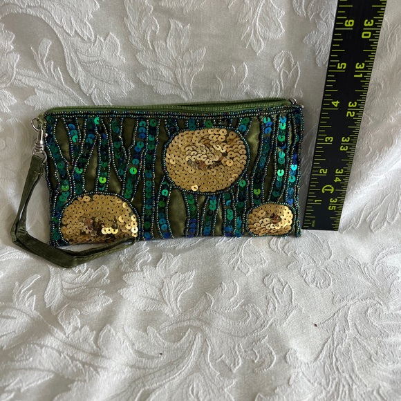 Teal sequence evening clutch abstract gold circles and wavy green blue stripes - Picture 8 of 8